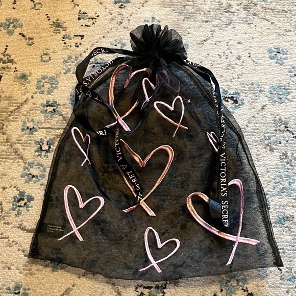 Victoria's Secret Handbags - Victoria's Secret Black Mesh Bag with Pink Embroidered Hearts